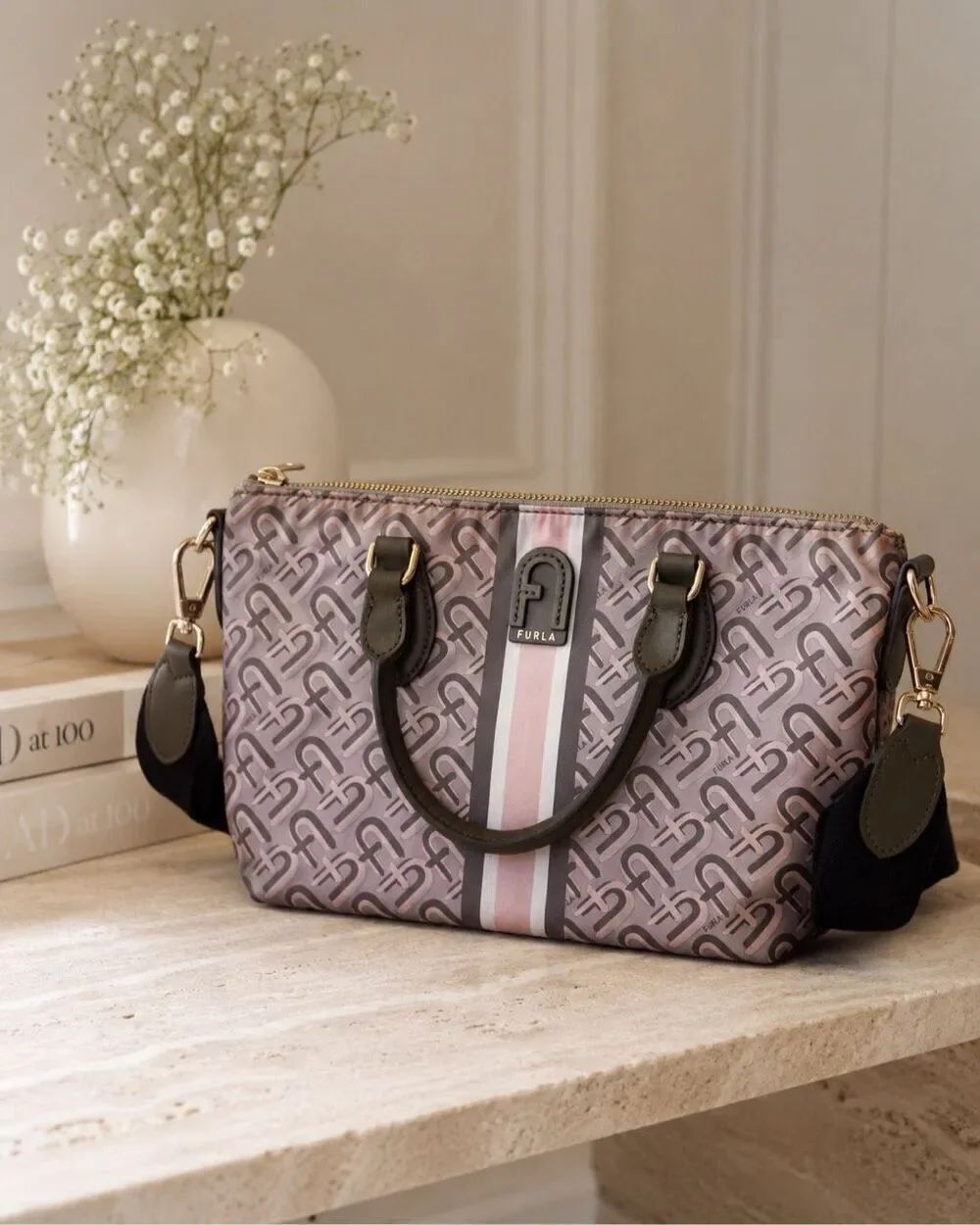 Furla Monogram Nylon Satchel Crossbody Bag Pink Green Stripe Designer Tote, $395